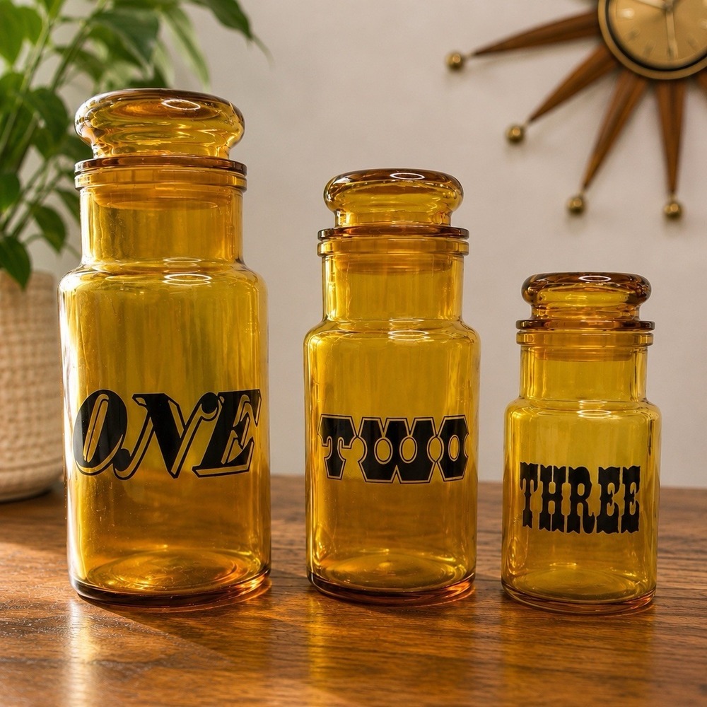 Vintage Amber Glass Canister Set Italy MCM Apothecary Jars Kitchen Set 3